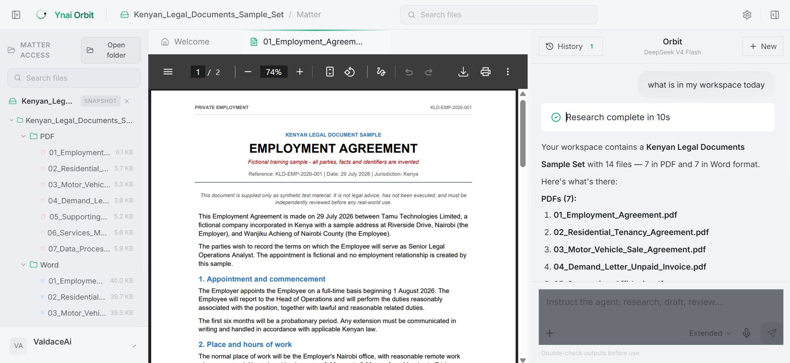 The Ynai Orbit workspace: matter files on the left, an open case document in the middle, and the Orbit agent on the right answering a question about the workspace
